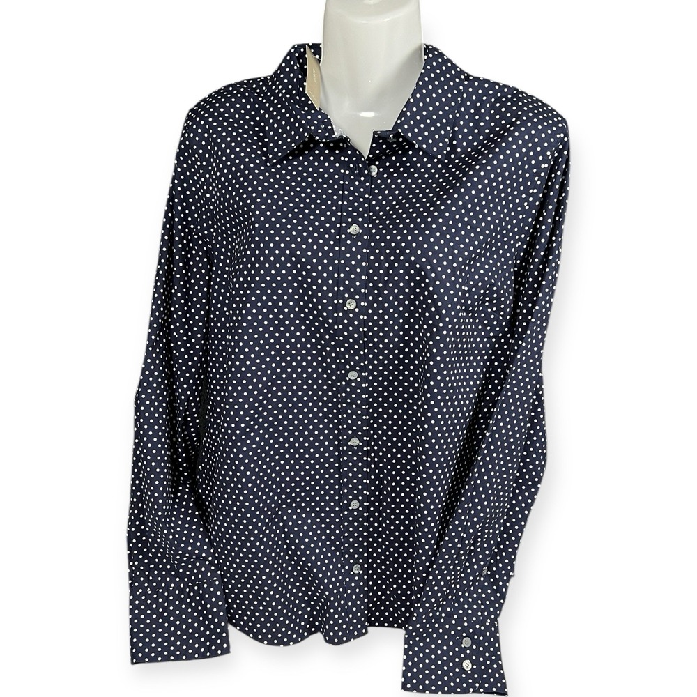 J Crew Shirt Womens 14 Navy Blue Polka Dot Slim Fit LS Button Up Preppy Academia